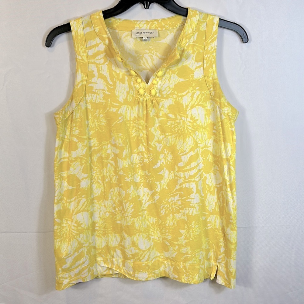 Jones New York Tropical Yellow Sleeveless Top. Size Large V Neck Beaded.